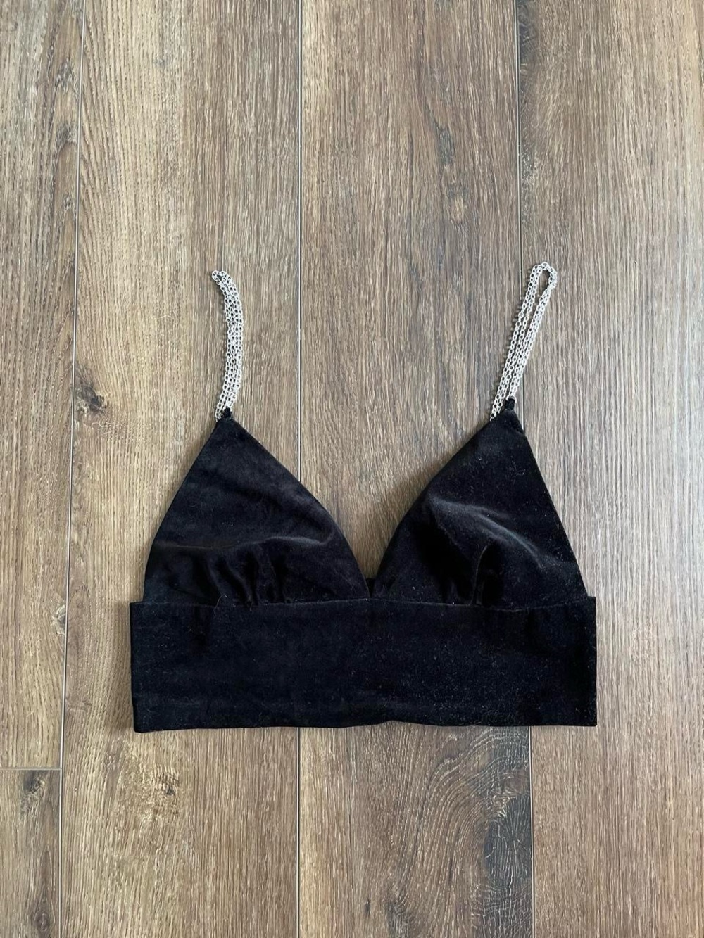 Zara Black Velvet triangle crop top with silver chain straps